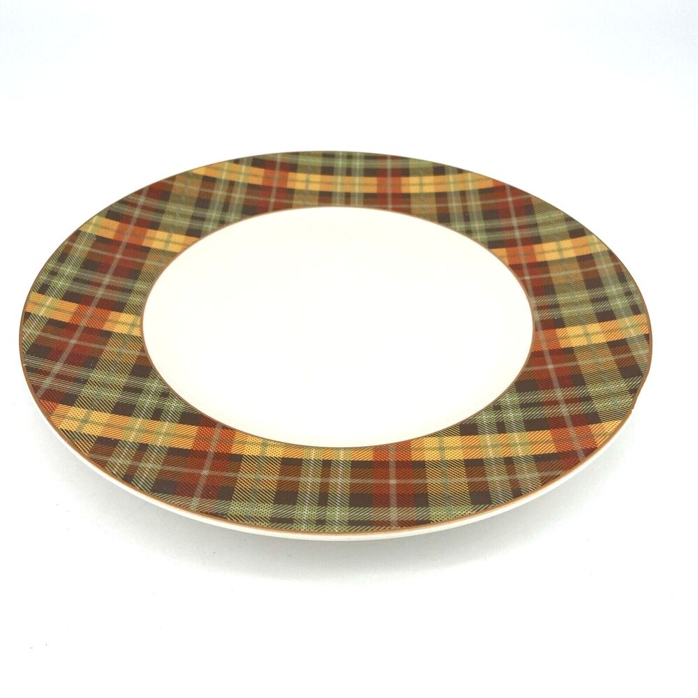 Pier 1 Harvest Plaid Dinner Plate Brown Orange Green Gold White Center 10.5"